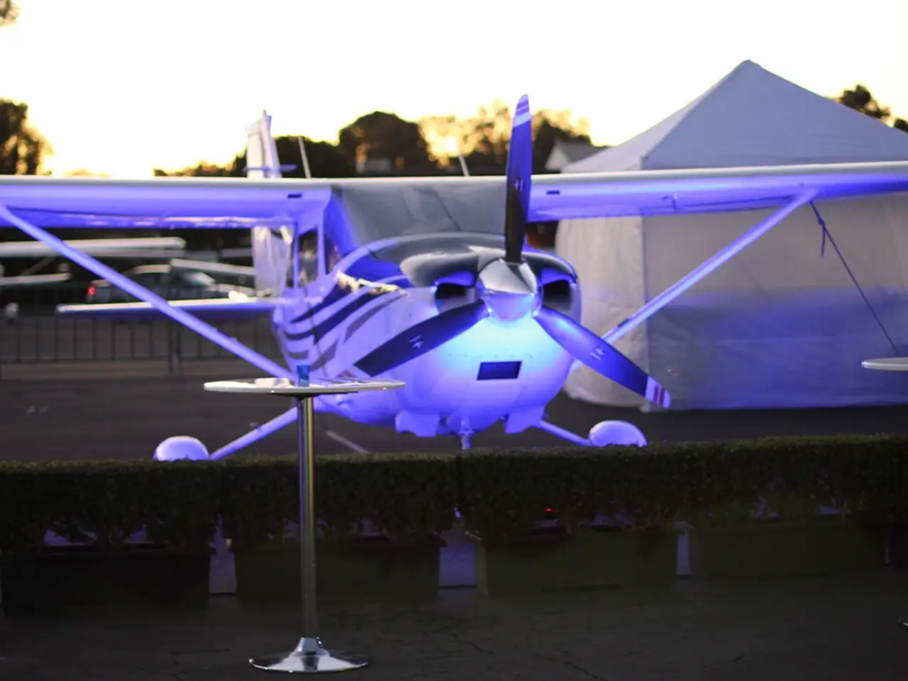 There is an aircraft with lights. Near to that there are bushes. Also there is a table. In the...