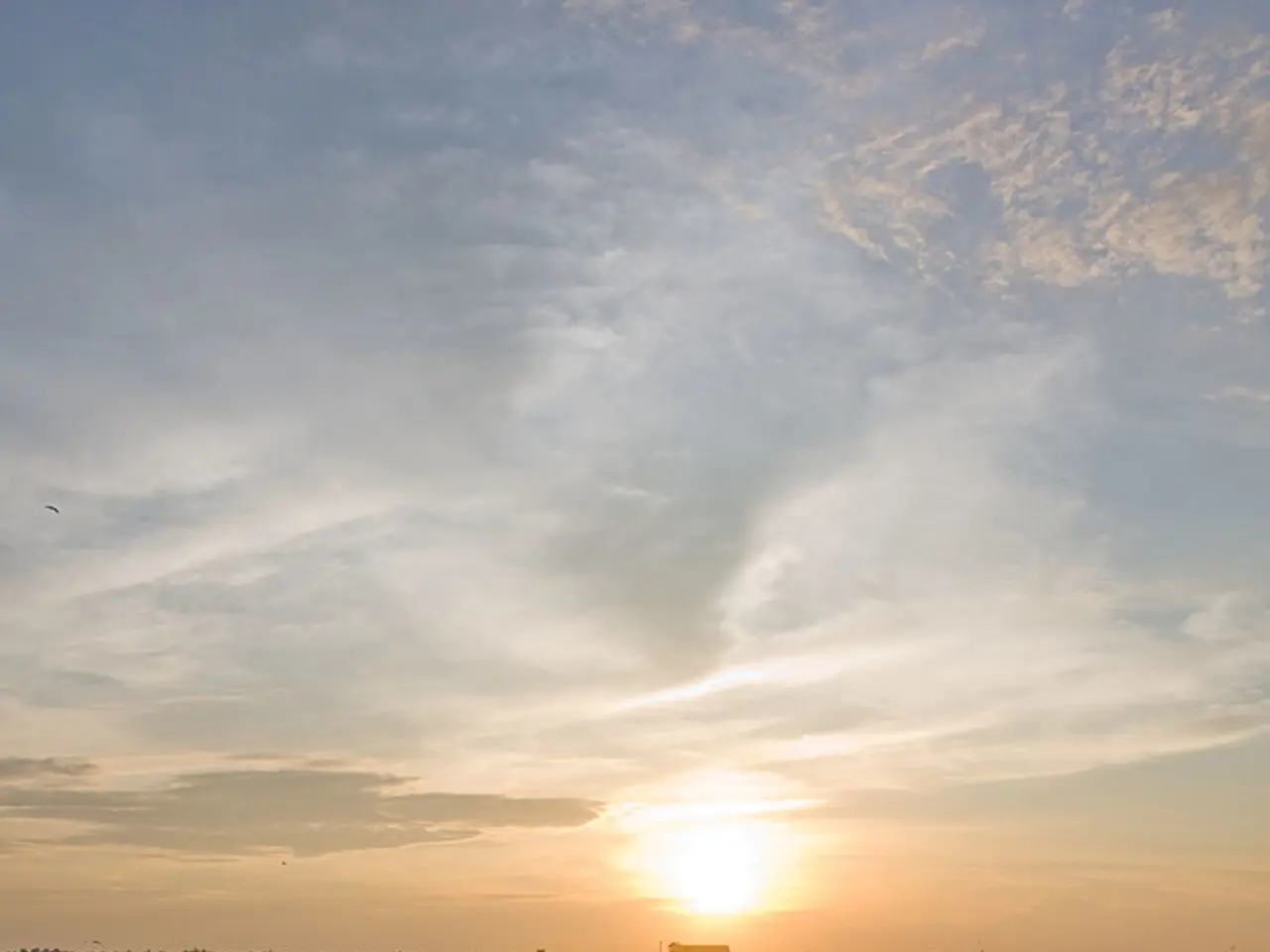 In this image we can see fields, one vehicle, some trees and at the top there is the sun in the...