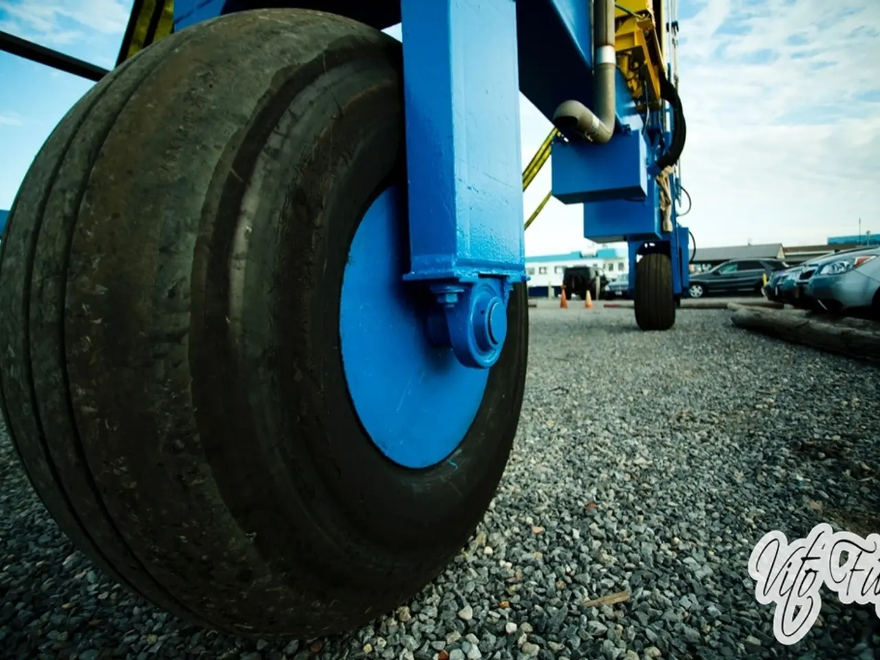 In this image we can see the wheels of a hydraulic machine, beside the hydraulic machine, there are...