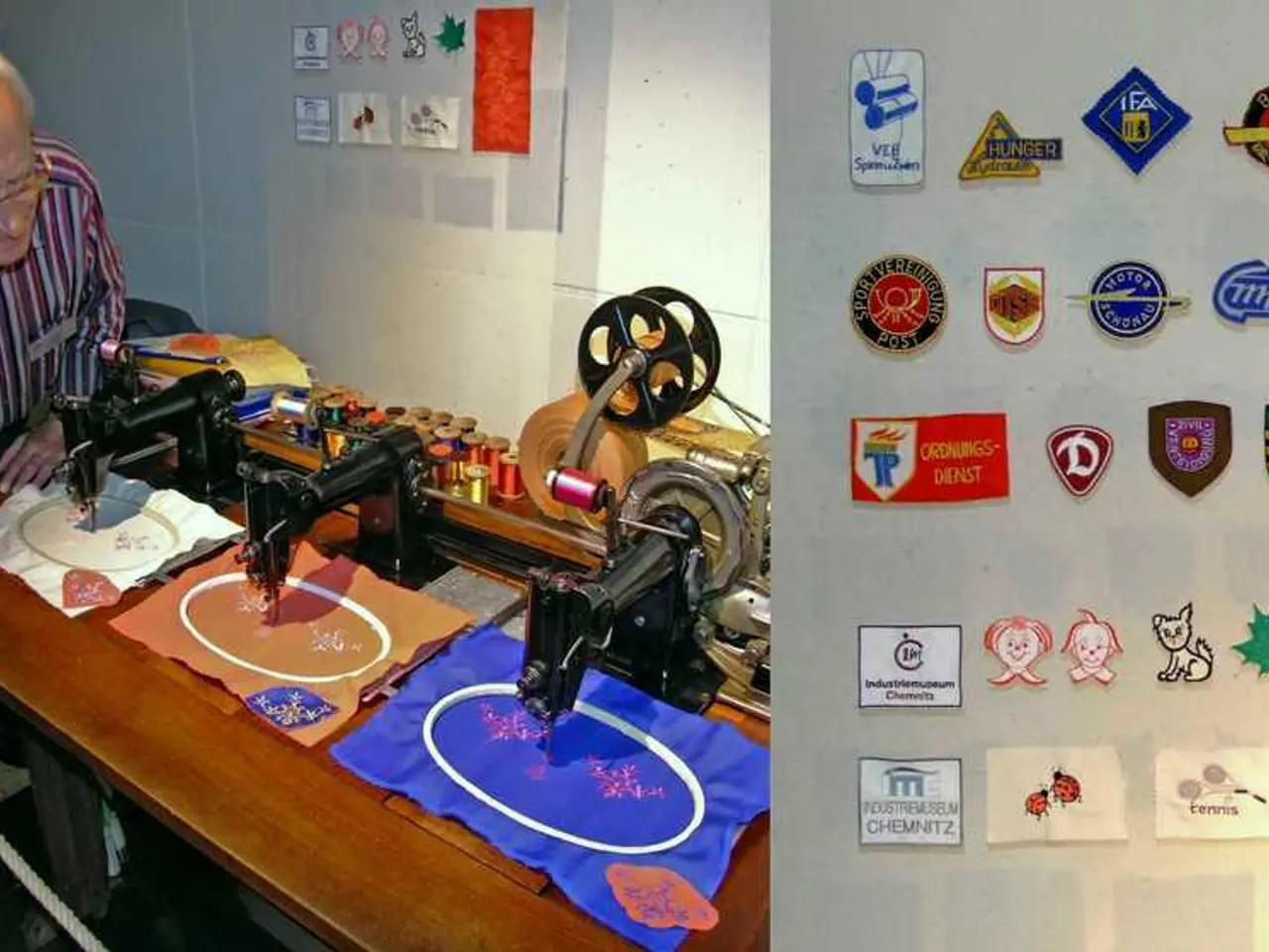 Here we can see a board on which there are few badges. On the table we can see sewing machines....