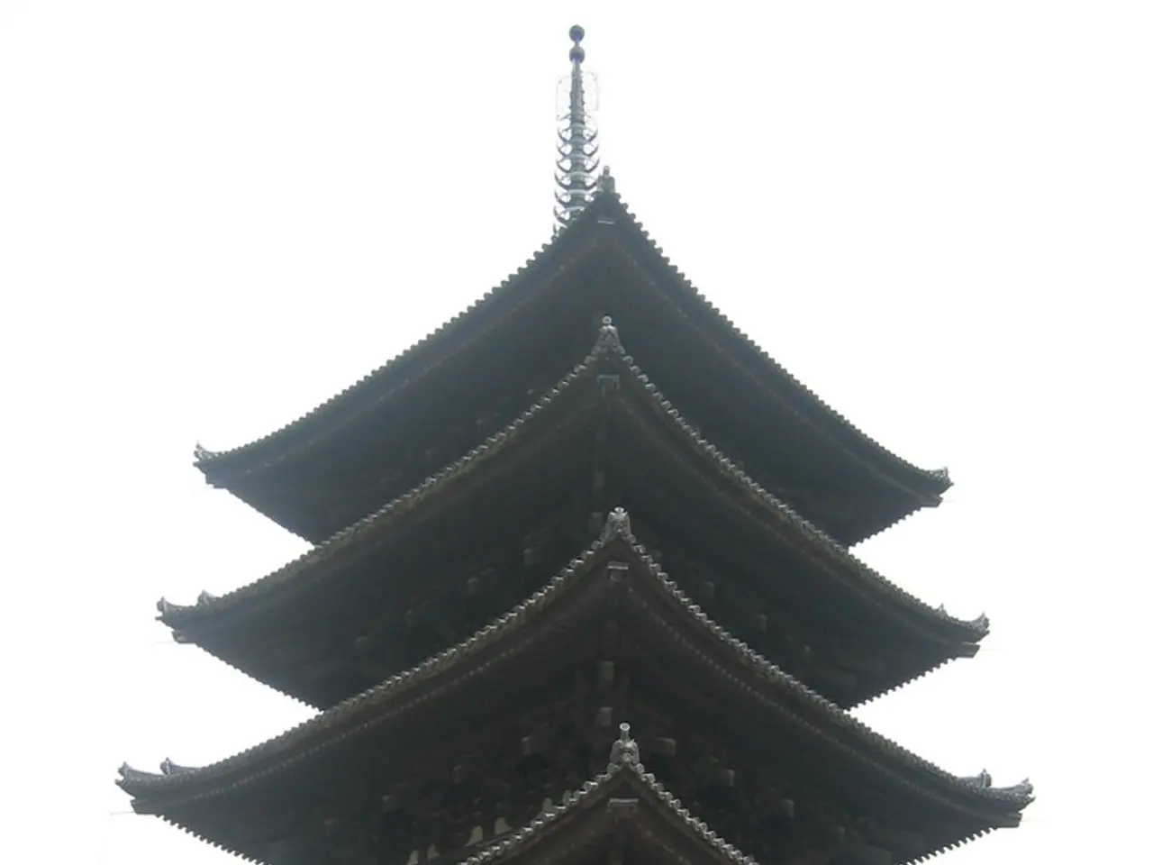 In the picture we can see the Chinese construction behind it we can see the trees and the sky.