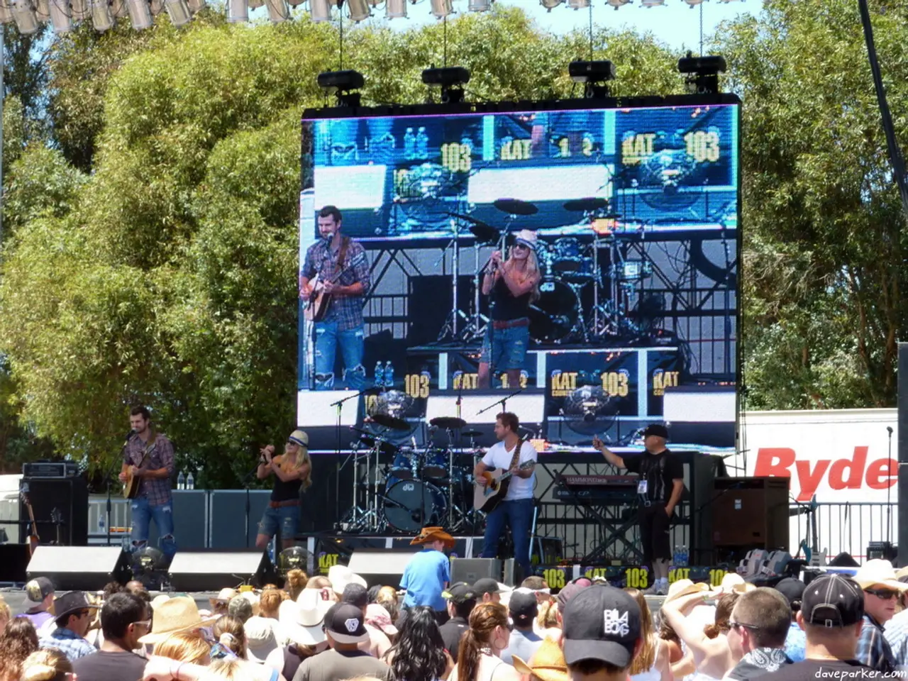 Here in this picture we can see a group of people, who are a bands are performing on the stage over...