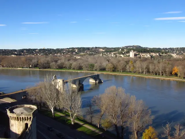 In this image we can see water, bridge, road, vehicles, trees, ancient architecture, and buildings....