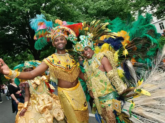 There are few people wearing different costumes with feathers. They are wearing something on the...