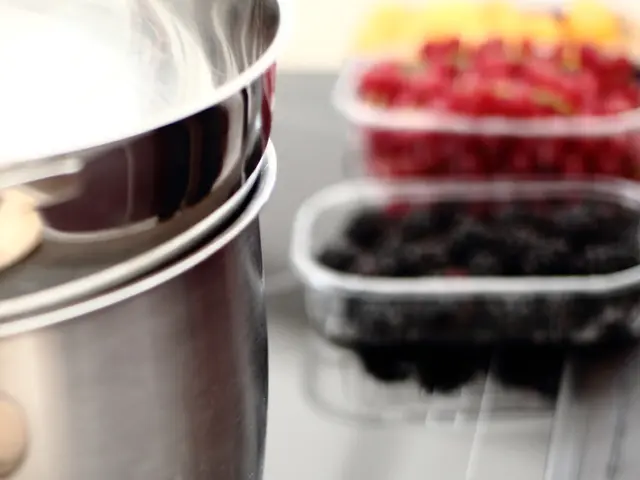 In this image we can see the induction base with a vessel and fruits in disposal containers on it.