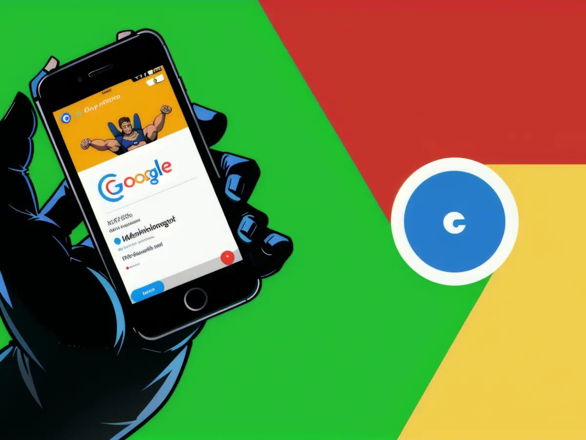 Chrome application showcased on smartphone display, with App Store backdrop, and Chrome emblem...